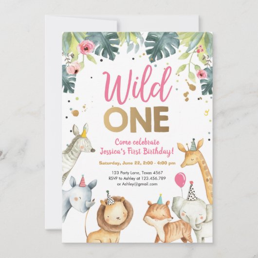 Wild One Safari Animals Invitation d'anniversaire (Devant)