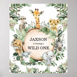 Wild One Safari Animals Oerwoud Greenery Birthday Poster