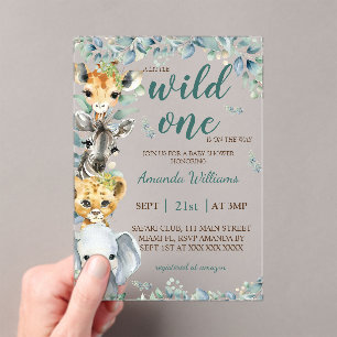 Wild One Safari Animals Sage Green Baby shower Acryl Uitnodigingen
