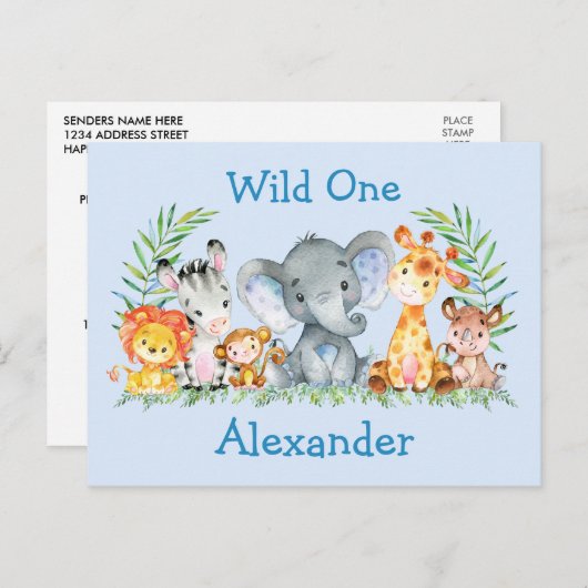 Wild One Safari Animaux Anniversaire Invitation Bl (Devant / Derrière)