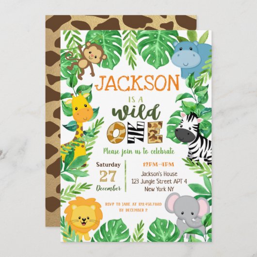Wild One Safari Animaux Anniversaire Invitations (Devant / Derrière)