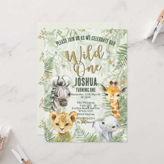 Wild One Safari Animaux Anniversaire Invitations (Devant/Arrière en situation)