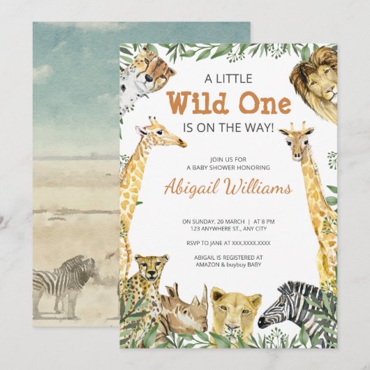 Wild One Safari Animaux Baby shower Invitation (Devant / Derrière)