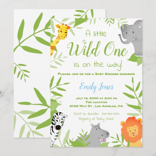 Wild One Safari Animaux Baby shower Invitation gar (Devant / Derrière)