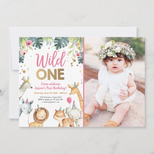 Wild One Safari Animaux Fille Invitation Anniversa (Devant)