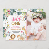 Wild One Safari Animaux Fille Invitation Anniversa (Devant / Derrière)