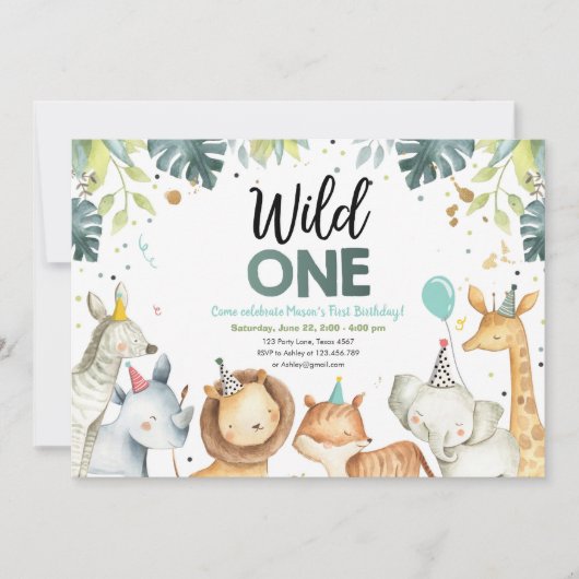 Wild One Safari Animaux Garçon Invitation Annivers (Devant)