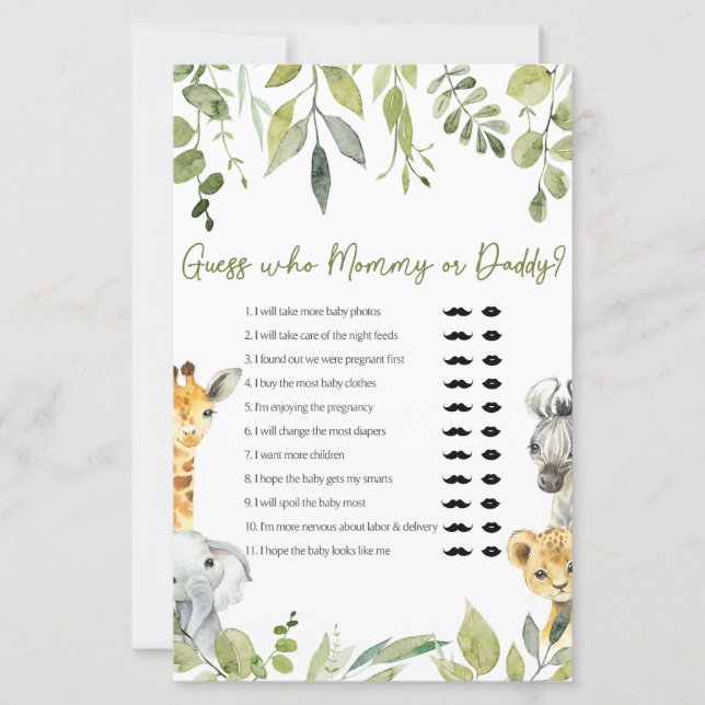 Wild One Safari Baby Shower Guess Who Game (Voorkant)