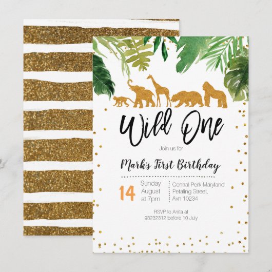 Wild One Safari Birthday - uitnodiging (Voorkant / Achterkant)