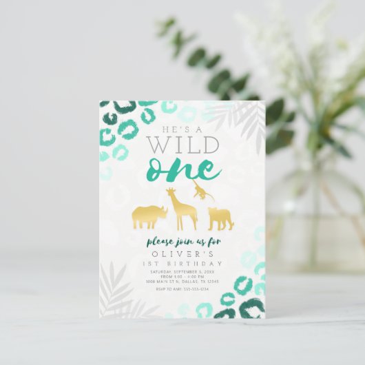 Wild One Safari Blauw en Goud Luipaard 1e Verjaard Briefkaart (Staand voorkant)