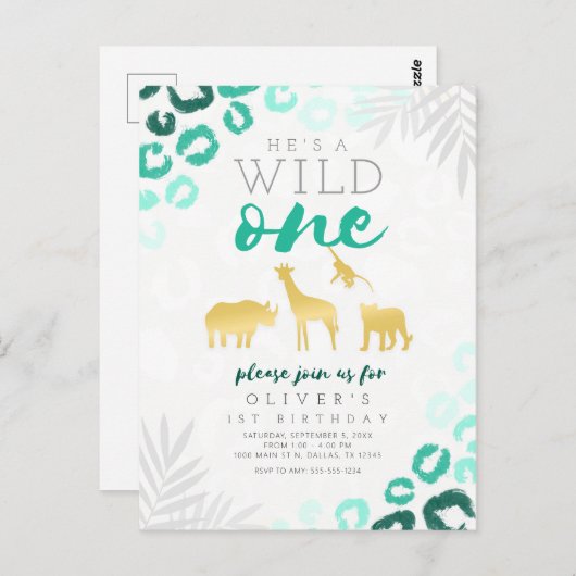 Wild One Safari Blauw en Goud Luipaard 1e Verjaard Briefkaart (Voorkant / Achterkant)