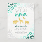 Wild One Safari Blauw en Goud Luipaard 1e Verjaard Briefkaart (Voorkant)