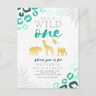 Wild One Safari Blue en Gold Leopard 1e verjaardag Briefkaart
