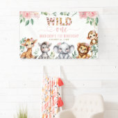 Wild One Safari Dier Blush Bloemen 1e Verjaardag Spandoek (Insitu)