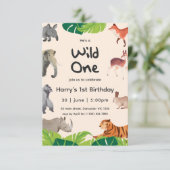 Wild One Safari Dieren 1e Baby Jongen Verjaardag Kaart (Staand voorkant)