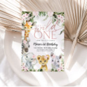 Wild One Safari Dieren 1e Verjaardag Meisje Invita Kaart