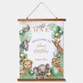 Wild One Safari dieren Ballon Baby 1e verjaardag Hangend Wandkleed (Voorkant)