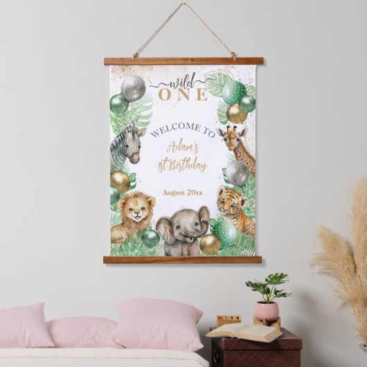 Wild One Safari dieren Ballon Baby 1e verjaardag Hangend Wandkleed (Slaapkamer)