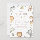 Wild One Safari Dieren Jongens Baby Borrel Kaart (Voorkant)