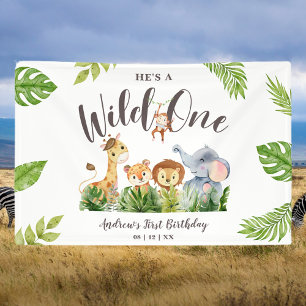 Wild One Safari Dieren Kinderen Verjaardag Spandoek