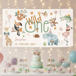 Wild one safari dieren kinderen verjaardagsfeestje spandoek