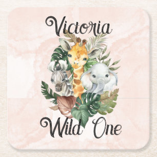 Wild One Safari Dieren Meisjes Eerste Verjaardag Vierkante Kartonnen Onderzetter