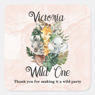 Wild One Safari Dieren Meisjes Eerste Verjaardag Vierkante Sticker