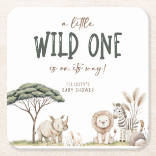 Wild One Safari Dieren Neutraal Baby shower Vierkante Kartonnen Onderzetter
