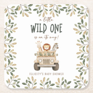Wild One Safari Dieren Neutraal Baby shower Vierkante Kartonnen Onderzetter