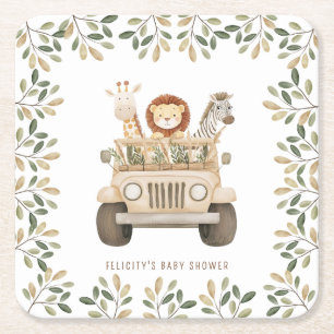 Wild One Safari Dieren Neutraal Baby shower Vierkante Kartonnen Onderzetter