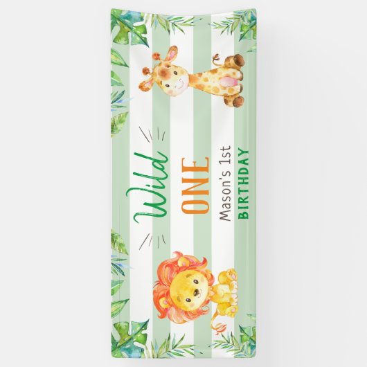 Wild One Safari First Birthday Boys Green Party Spandoek (Verticaal)