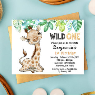 Wild One Safari Giraffe Birthday Uitnodiging