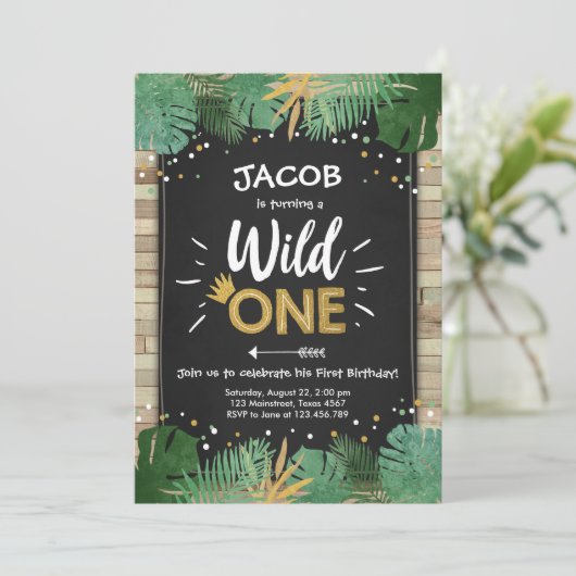 Wild One Safari Gold Boy Animals Verjaardagsfeestj Kaart (Staand voorkant)