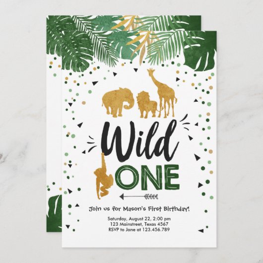 Wild One Safari Gold Boy Animals Verjaardagsfeestj Kaart (Voorkant / Achterkant)