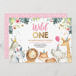 Wild One Safari Gold Girl Animals Birthday Party Kaart