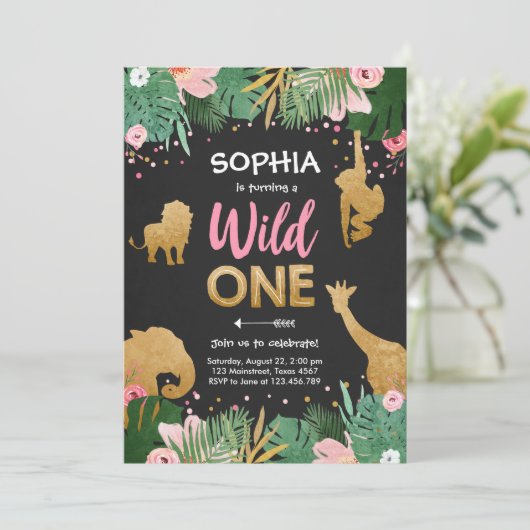 Wild One Safari Gold Girl Pink Animals Kaart (Staand voorkant)