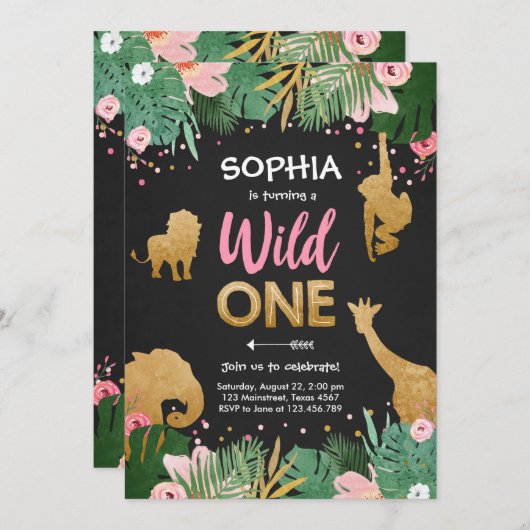 Wild One Safari Gold Girl Pink Animals Kaart (Voorkant / Achterkant)