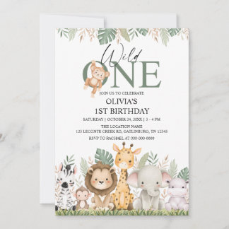 Wild One Safari Jungle Animals 1st Birthday Kaart