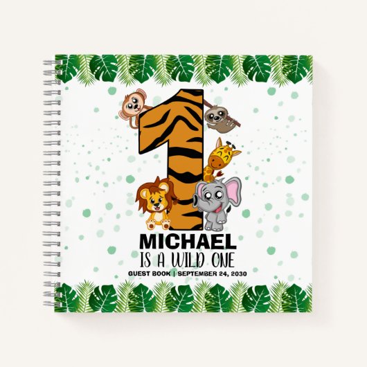 Wild One Safari Jungle First Birthday Livre d'invi (Devant)