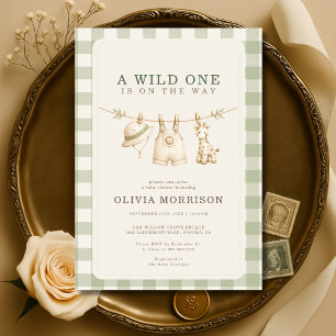 Wild One Safari Jungle Gingham Sage Baby Shower Kaart
