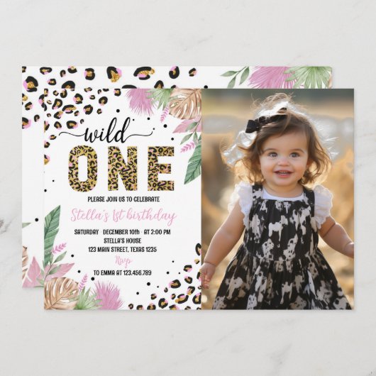 Wild One Safari Leopard 1e Verjaardag uitnodiging (Voorkant / Achterkant)