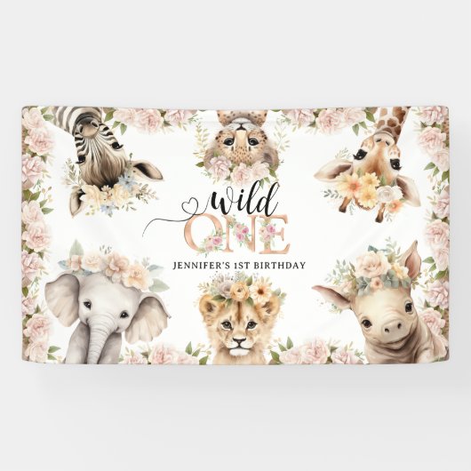 Wild ONE Safari Oerwoud Animals 1e verjaardagsfees Spandoek (Horizontaal)