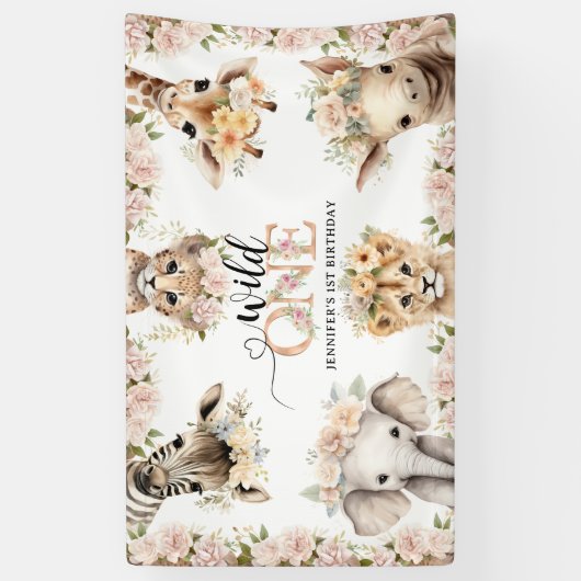 Wild ONE Safari Oerwoud Animals 1e verjaardagsfees Spandoek (Verticaal)