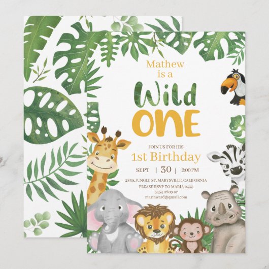Wild One Safari Oerwoud First Birthday Yellow Kaart (Voorkant / Achterkant)