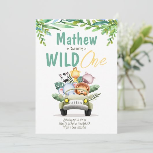 Wild One Safari Party Kids Verjaardagsuitnodiging Kaart (Staand voorkant)
