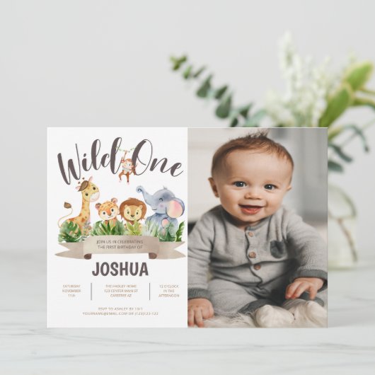 Wild One Safari photo Invitation Anniversaire (Debout devant)