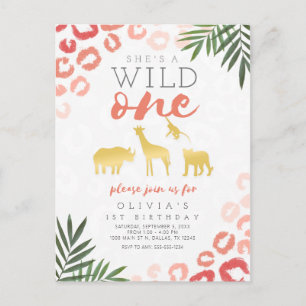 Wild One Safari Pink and Gold 1st Birthday Briefkaart