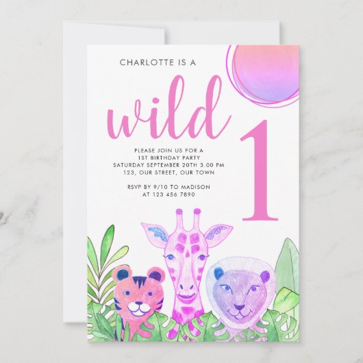Wild One Safari Roze 1e Verjaardag Kaart (Voorkant)