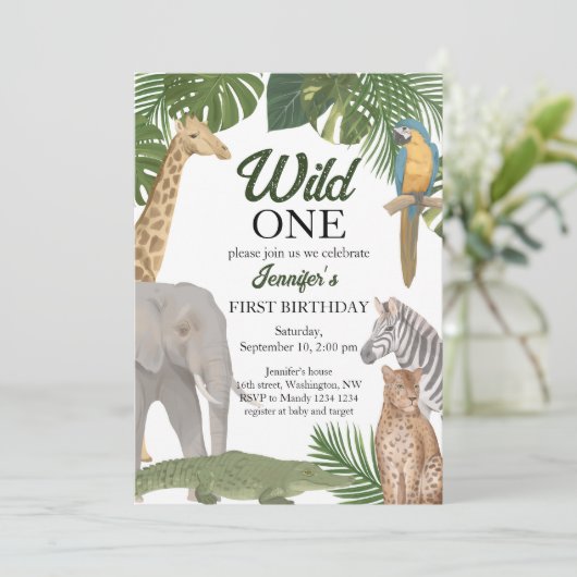 Wild One Safari Tropic Birthday Invitation (Debout devant)