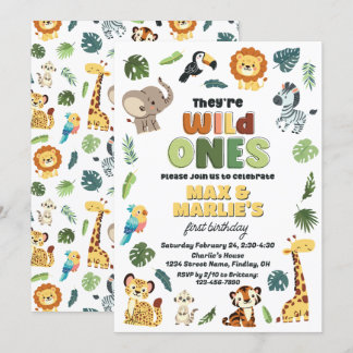 Wild One Safari Zoo Animal Verjaardagsfeestje, Twe Kaart